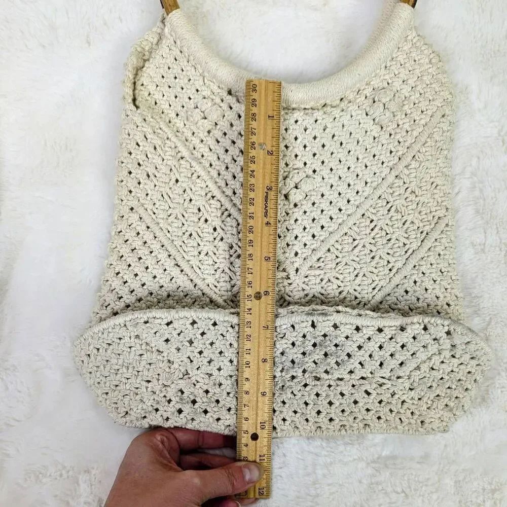 Macrame Bag Natural Crochet Woven Handbag Wood Ring Purse Boho Hand Made - Picture 5 of 9